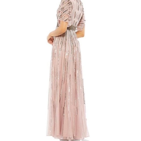 Beaded Crew Neck Short Ruffle Tiered Sleeve Gown - Picture 2 of 3